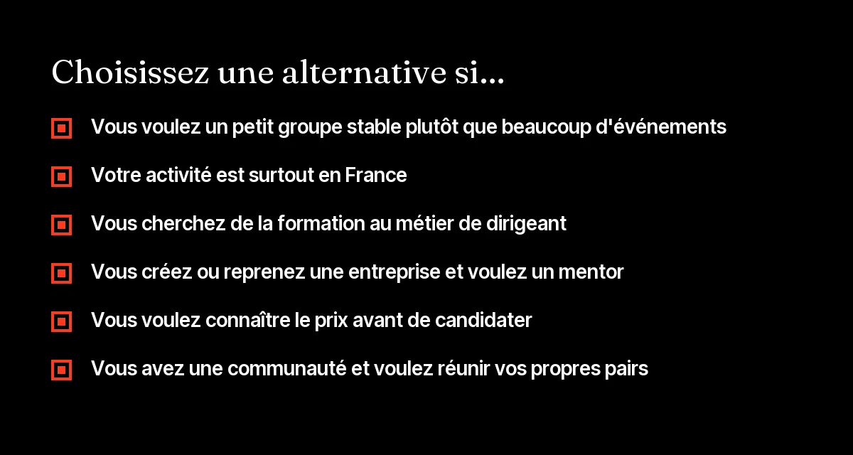 Liste de critères pour savoir quand choisir une alternative à Frenchfounders plutôt que le club lui-même