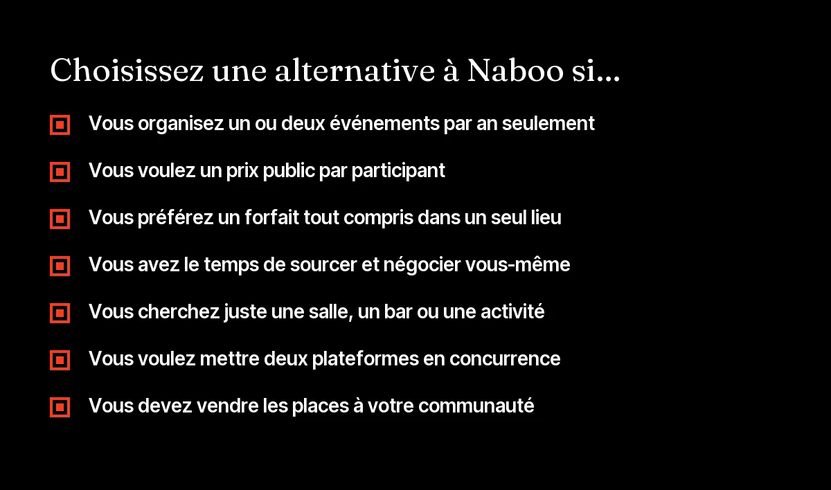 Checklist pour savoir quand choisir une alternative à Naboo pour organiser un séminaire ou un événement d'entreprise