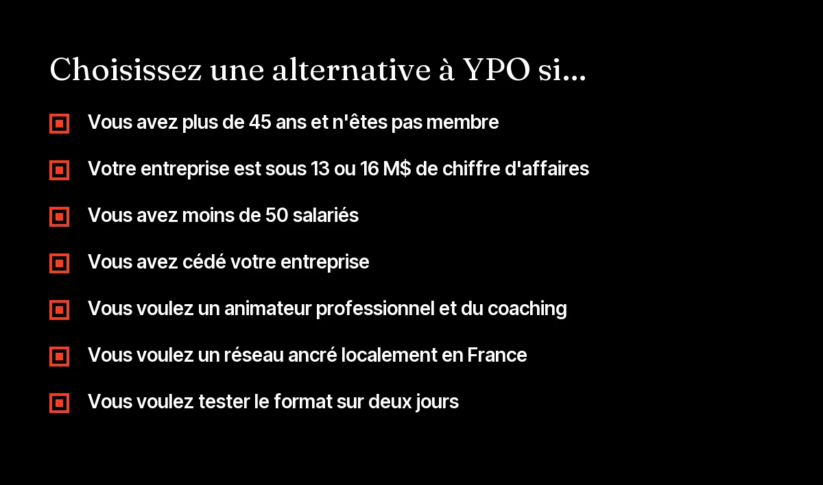 Checklist pour choisir une alternative à YPO : plus de 45 ans, entreprise sous les seuils, cession, besoin d'un animateur