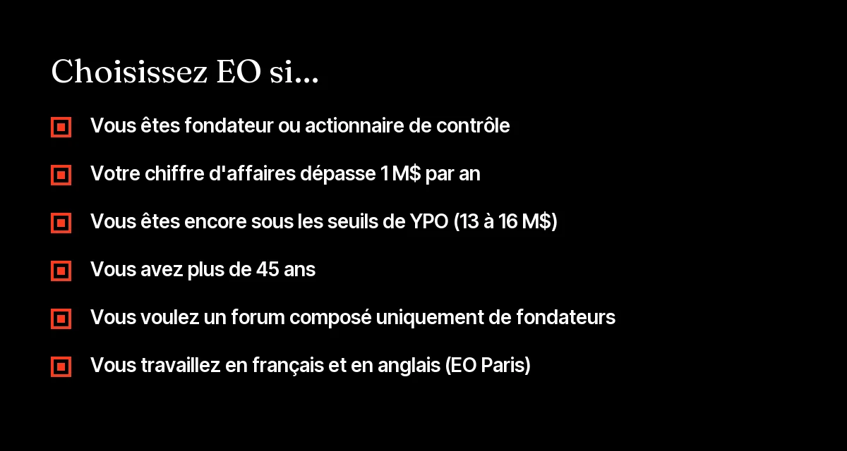 Checklist pour choisir EO plutôt que YPO : fondateur, chiffre d'affaires au-delà de 1 M$, plus de 45 ans, budget