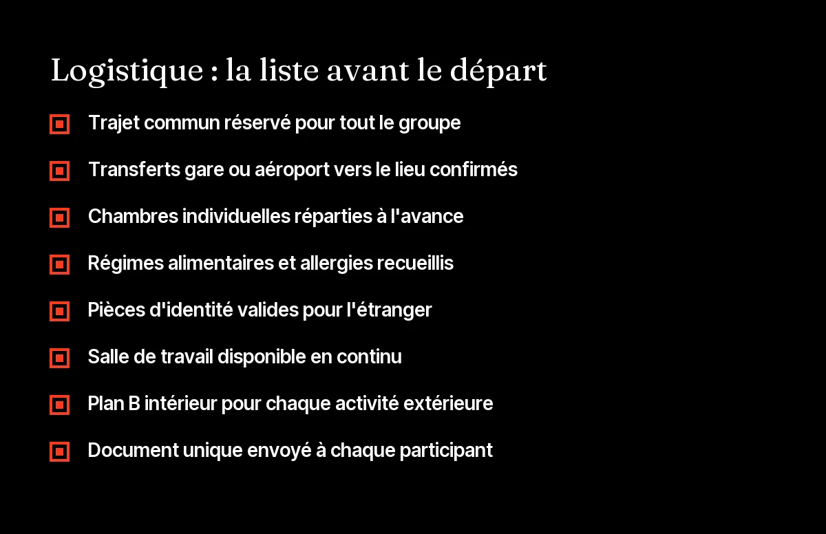Checklist logistique pour organiser un séminaire de dirigeants : trajets, transferts, chambres, repas et plan B