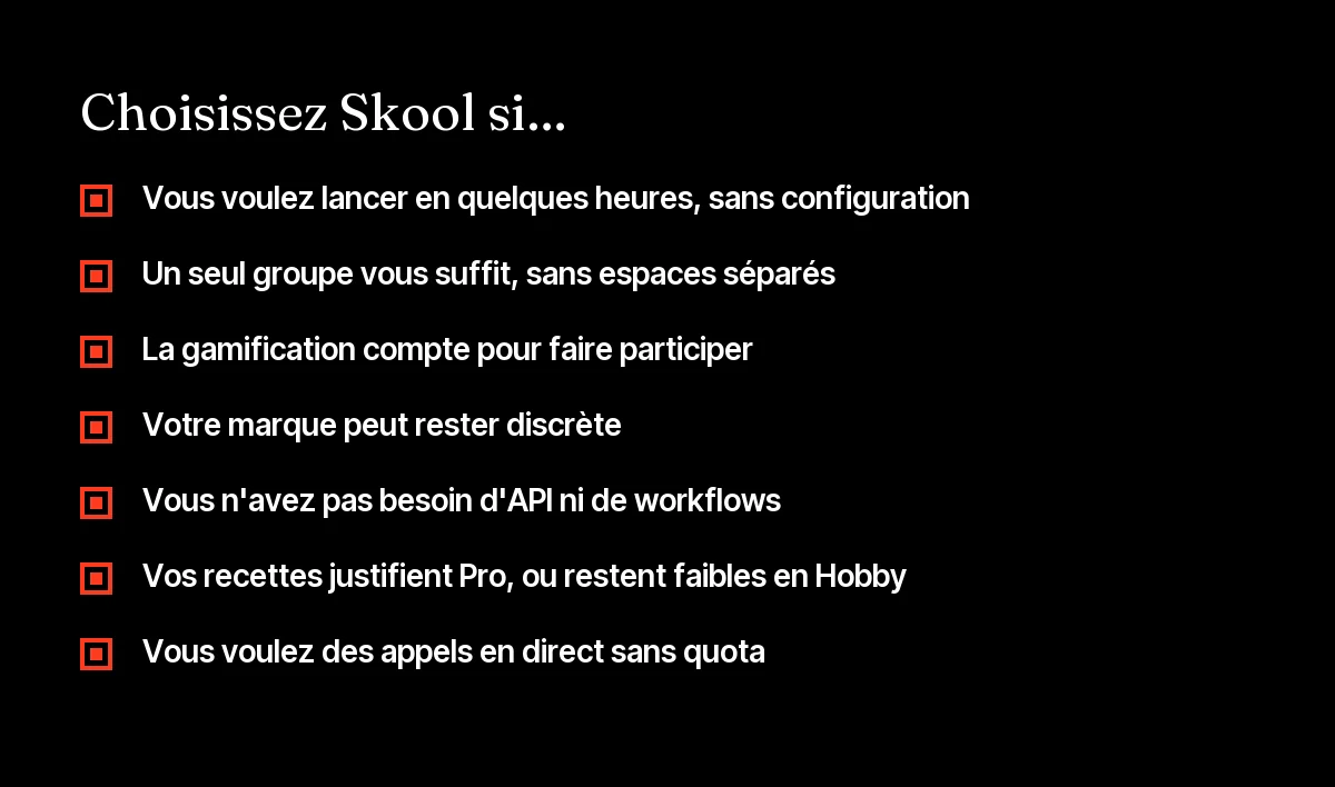 Checklist pour choisir Skool plutôt que Circle pour une communauté en ligne ou un mastermind en ligne